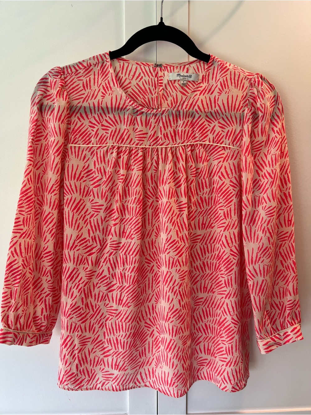 Madewell Silk Coral and Cream Pink Patterned Long-Sleeve Blouse Size Small